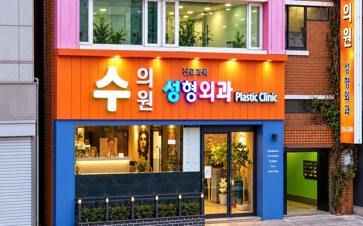 수의원 성형외과 주황색 간판과 입구